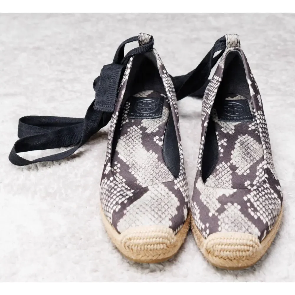 Tory Burch Heather Black Snakeprint Ankle Wrap Satin Wedges Espadrilles Womens 7